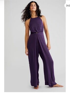 Free People Deep Purple Halter Wide-Leg Jumpsuit